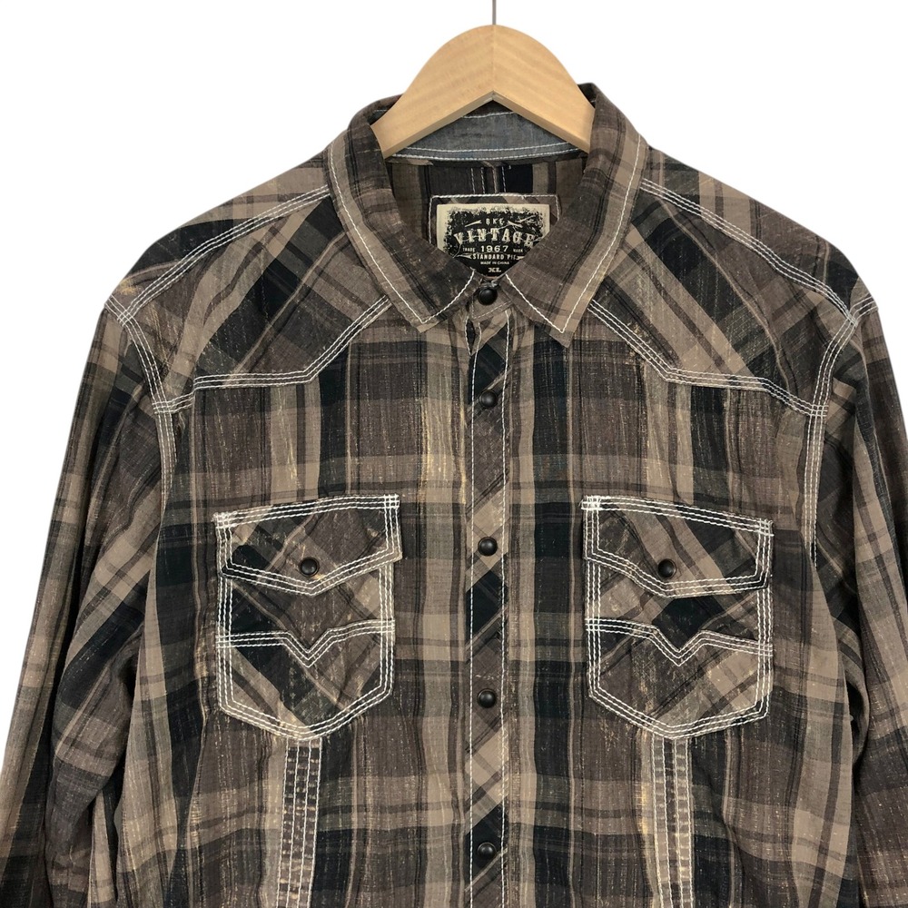 BKE Mens XL Brown Plaid Western Pearl Snap Button Down Shirt Cowboy Rodeo Biker - Picture 3 of 13